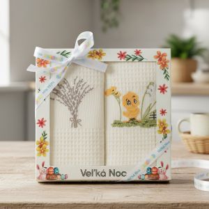 Utěrky KIARA VELIKONOCE 07 vaflové vyšívané, dárkové balení, kočičky vrby, kuřátko na smetanové, 2 kusy 50x70cm