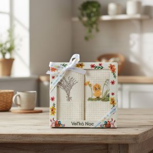 Utěrky KIARA VELIKONOCE 07 vaflové vyšívané, dárkové balení, kočičky vrby, kuřátko na smetanové, 2 kusy 50x70cm