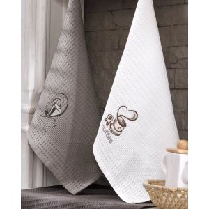 Utěrky vaflové / dárkové balení ČAS NA KÁVU, hnědé s výšivkou, 3 kusy 40x60cm