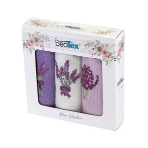 Utěrky vaflové / dárkové balení LEVANDULE, fialové s výšivkou, 3 kusy 40x60cm