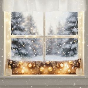 Vánoční dekorační polštářek, okenní válec proti průvanu SVÍTÍCÍ CYH5918C, zlaté baňky na šedé 18x85cm