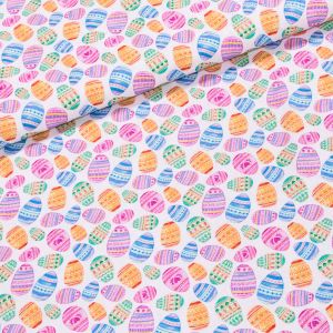 Bavlněné plátno velikonoční TREND OEFS 60 MULTICOLOR, barevná velikonoční vajíčka na bílé, š.150cm (látka v metráži)