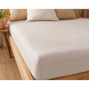 Mušelínové napínací prostěradlo UNI béžové, 100% bavlna, s gumou, 90x200cm, na matrace do 20 cm