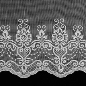 Organzová vitrážová záclona 98435 ornamenty, vyšívaná s bordurou, bílá (více výšek, v metráži)