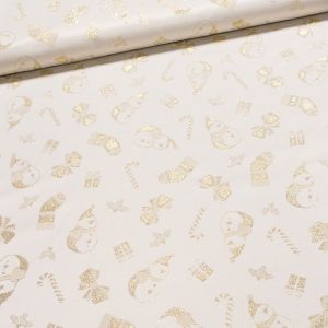 Směsové plátno vánoční REGALOS ORO zlatí sněhuláci, lurex, š.140cm (látka v metráži)