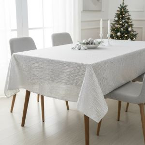 Ubrus PVC vánoční, 23512 STRI krajkový vzor, stříbrné lístky na bílé, š.140cm (metráž)